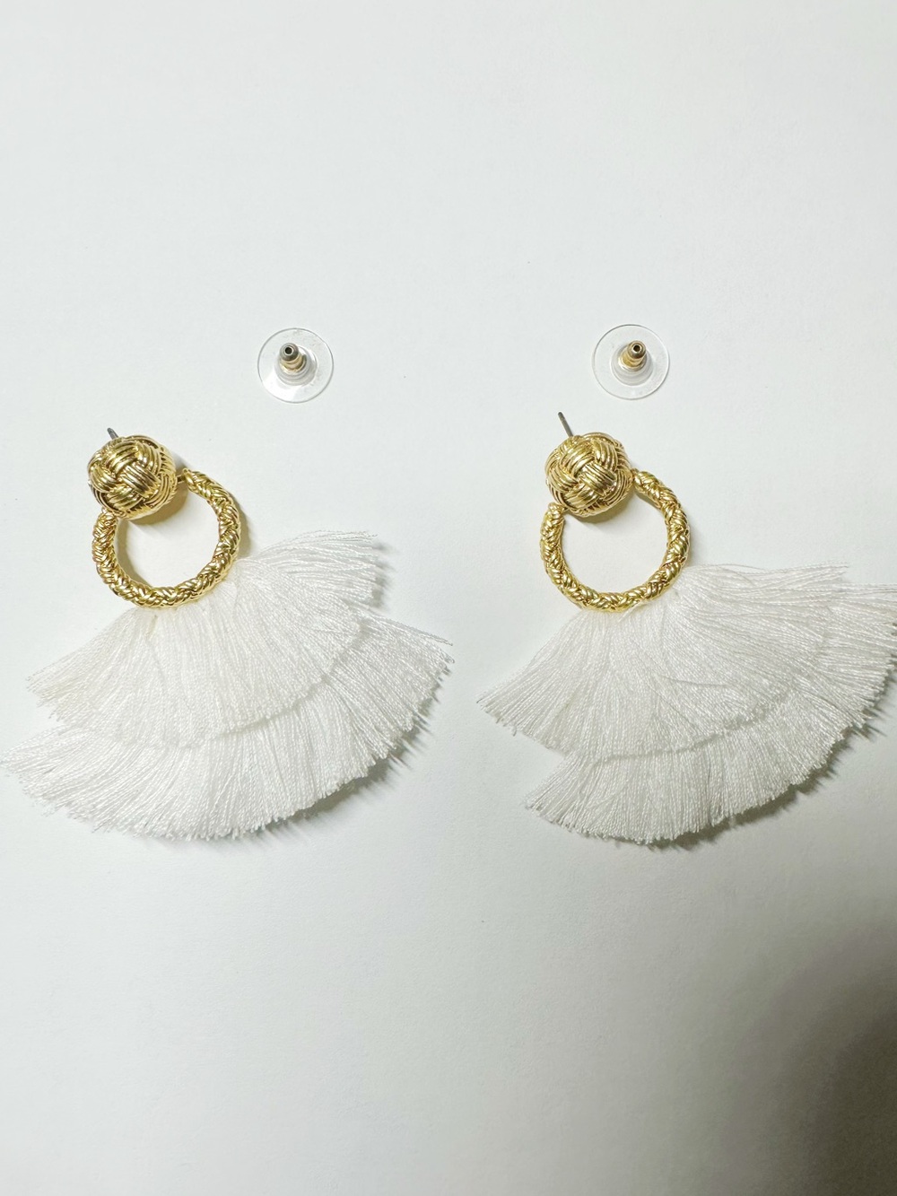 Tory Burch Gold and White Fan Tassel Drop Earrings